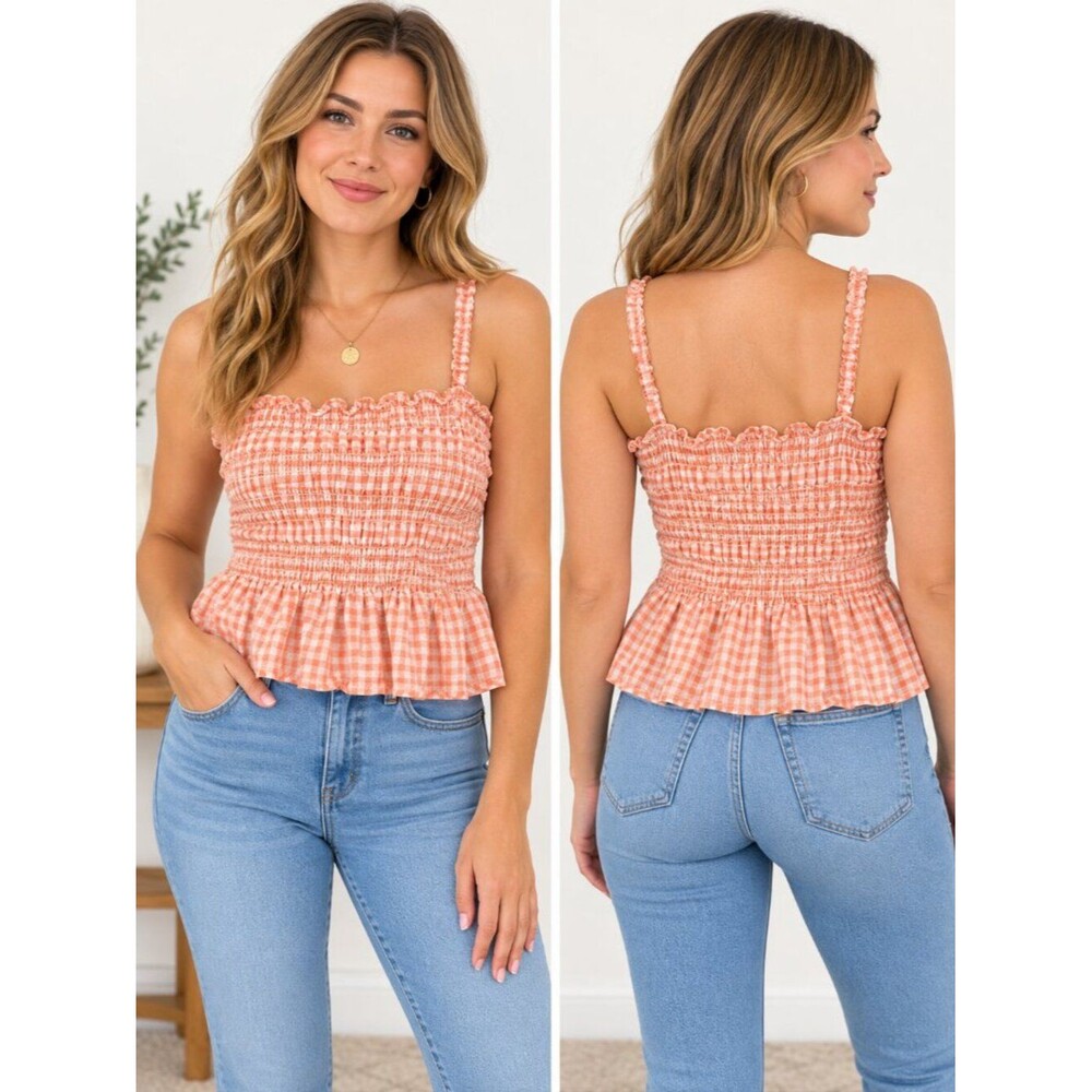 Meraki XL Coral Gingham Smocked Ruffle Cami Crop Top Peplum